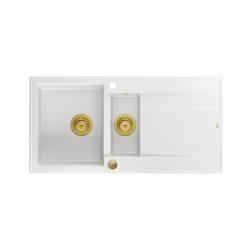 Quadri Luton white granite inset 1.5 kitchen sink with draining board reversible 100x50cm with golden plug 1208967348