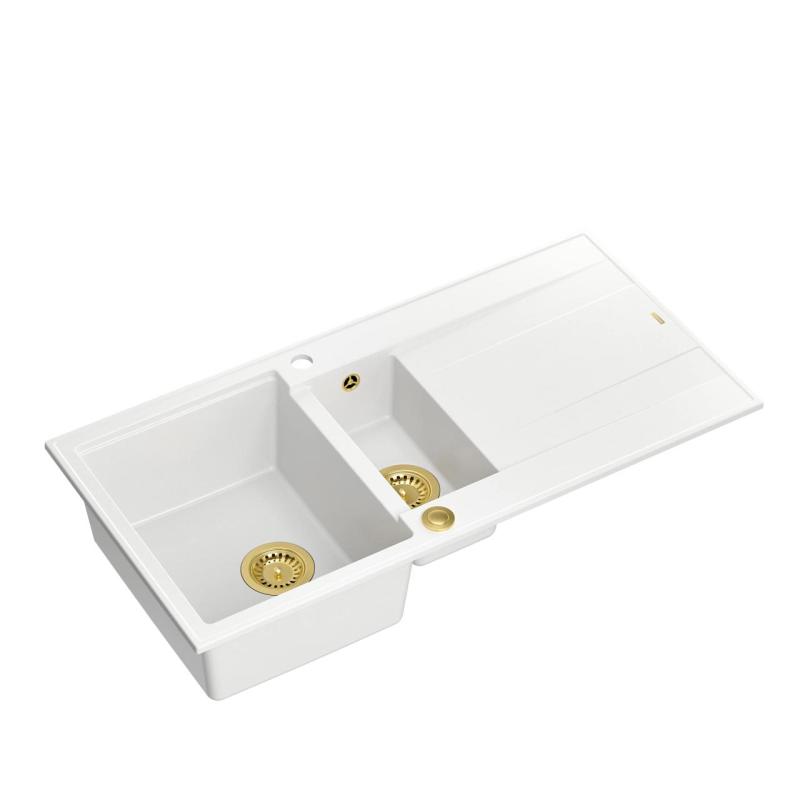 Quadri Luton white granite inset 1.5 kitchen sink with draining board reversible 100x50cm with golden plug 1208967348
