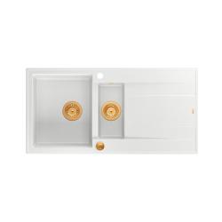 Quadri Luton white granite inset 1.5 kitchen sink with draining board reversible 100x50cm with copper plug 1208967349