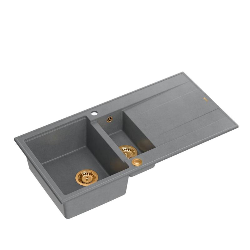 Quadri Luton grey granite inset 1.5 kitchen sink with draining board reversible 100x50cm with copper plug 1208967352