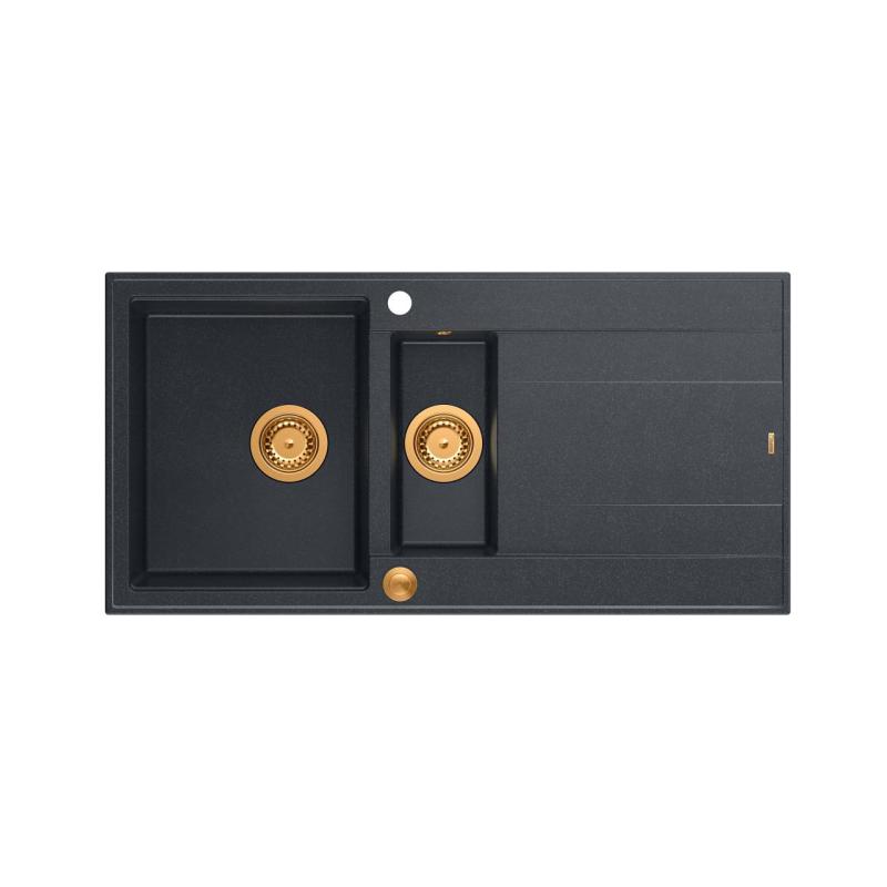 Quadri Luton anthracite granite inset 1.5 kitchen sink with draining board reversible 100x50cm with copper plug 1208967355