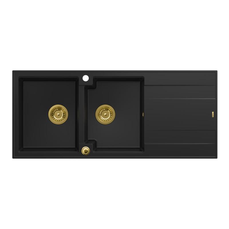 Quadri Luton black inset double granite sink with drainer, golden plug and push to open siphon116x50 cm 1208967356