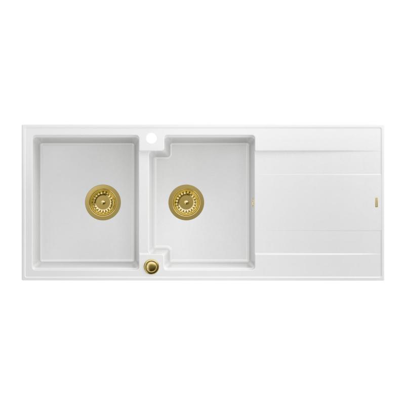 Quadri Luton white inset double granite sink with drainer, golden plug and push to open siphon 116x50 cm 1208967358