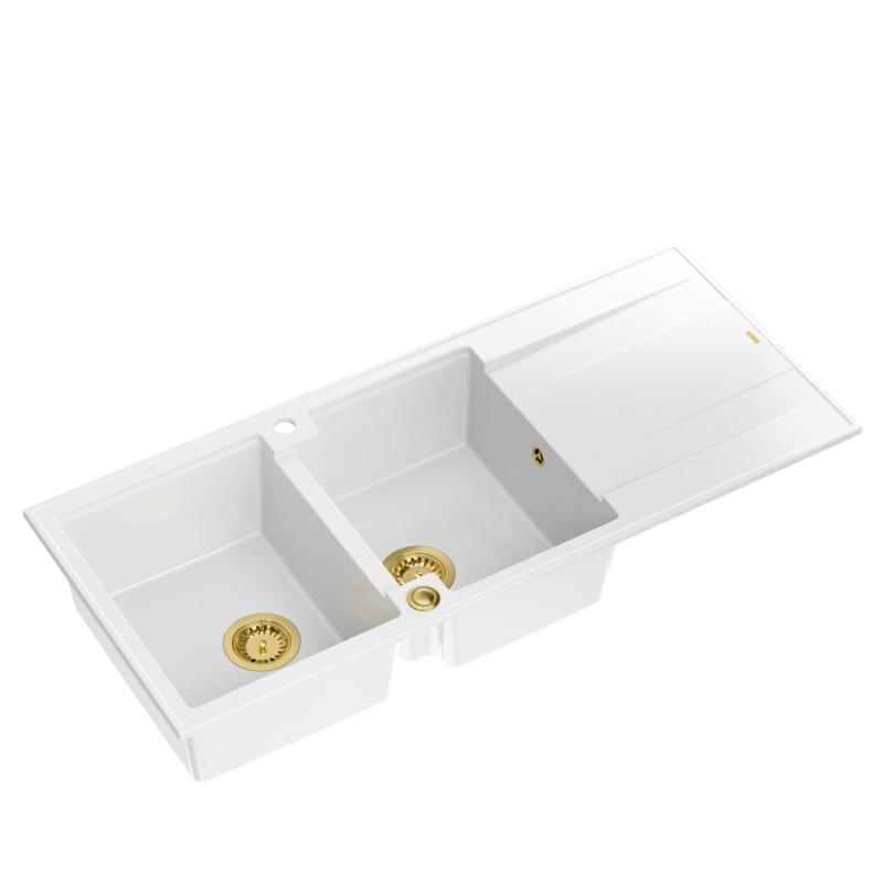 Quadri Luton white inset double granite sink with drainer, golden plug and push to open siphon 116x50 cm 1208967358