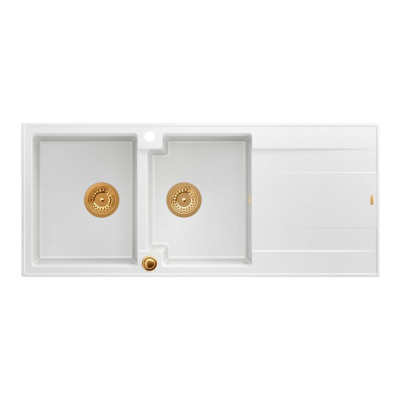 Quadri Luton white inset double granite sink with drainer, copper plug and push to open siphon 116x50 cm 1208967359