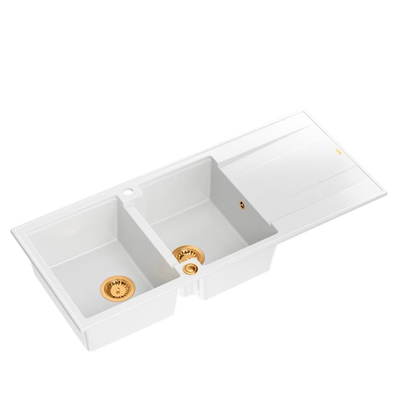 Quadri Luton white inset double granite sink with drainer, copper plug and push to open siphon 116x50 cm 1208967359