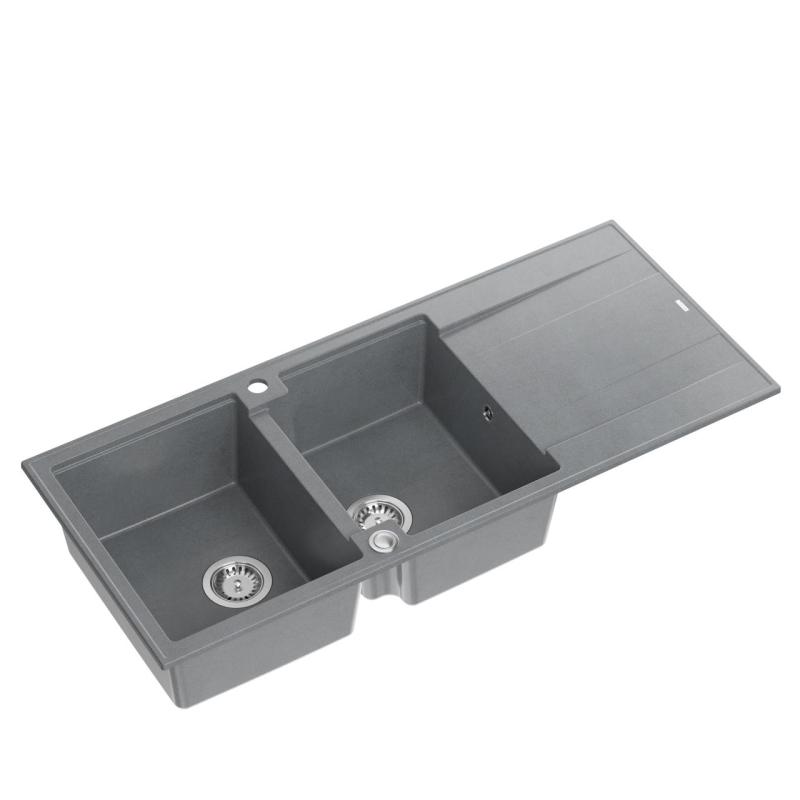 Quadri Luton grey inset double granite sink with drainer, stainless steel plug and push to open siphon 116x50 cm 1208967360