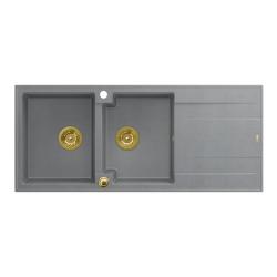 Quadri Luton grey inset double granite sink with drainer, golden plug and push to open siphon 116x50 cm 1208967361