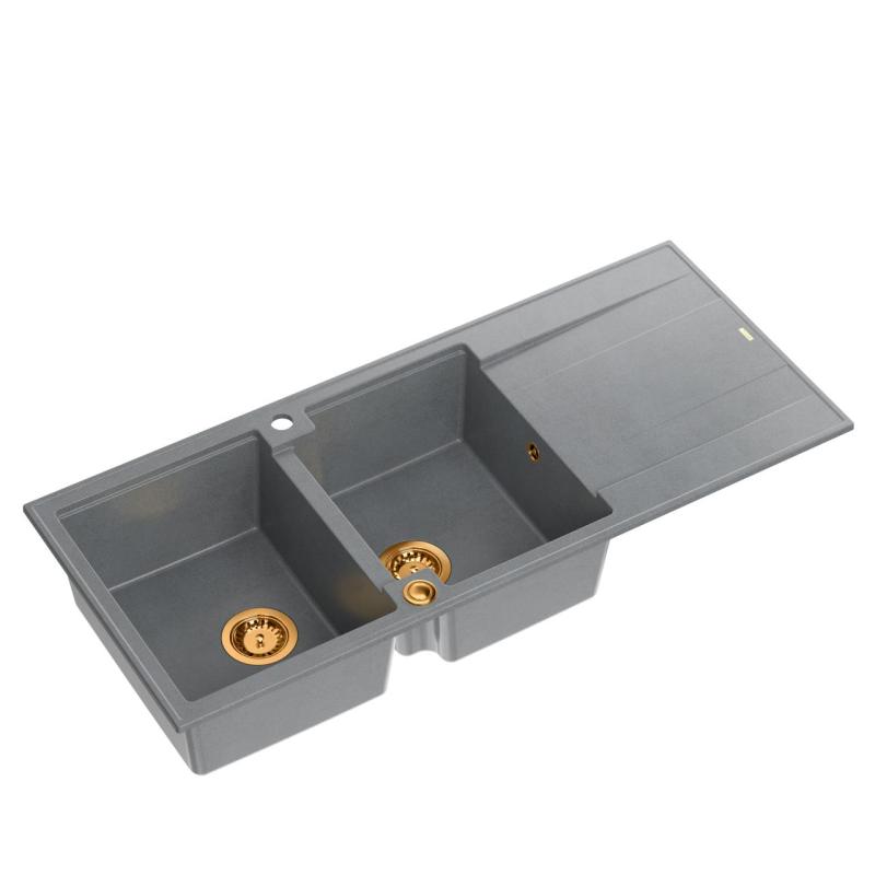 Quadri Luton grey inset double granite sink with drainer, copper plug and push to open siphon 116x50 cm 1208967362