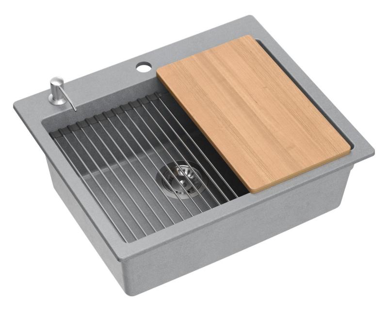 Quadri Durham gray granite built-in sink 595x500 with soap dispenser, cutting board, insert sink and roll mat 1208967378