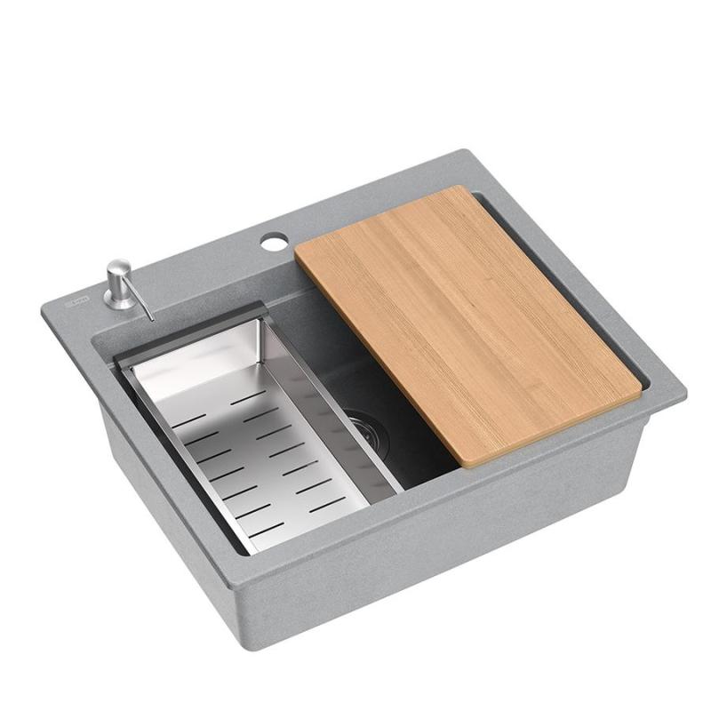 Quadri Durham gray granite built-in sink 595x500 with soap dispenser, cutting board, insert sink and roll mat 1208967378