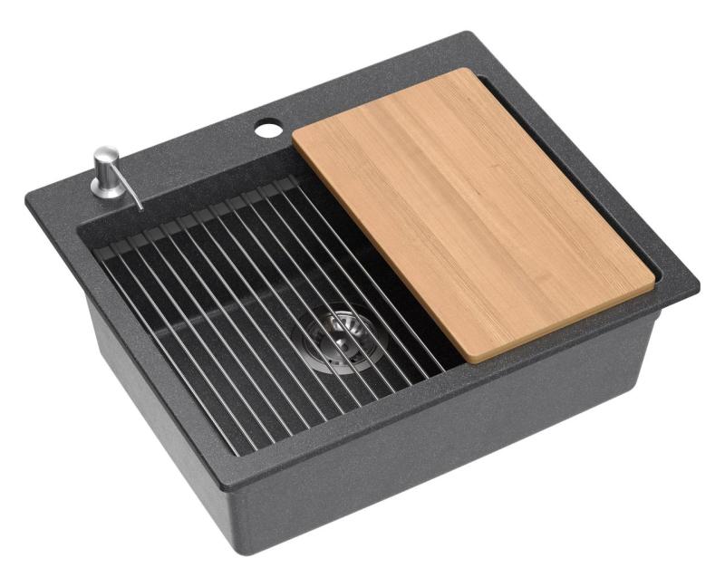 Quadri Durham anthracite granite built-in sink 595x500 with soap dispenser, cutting board, insert sink and roll mat 1208967379