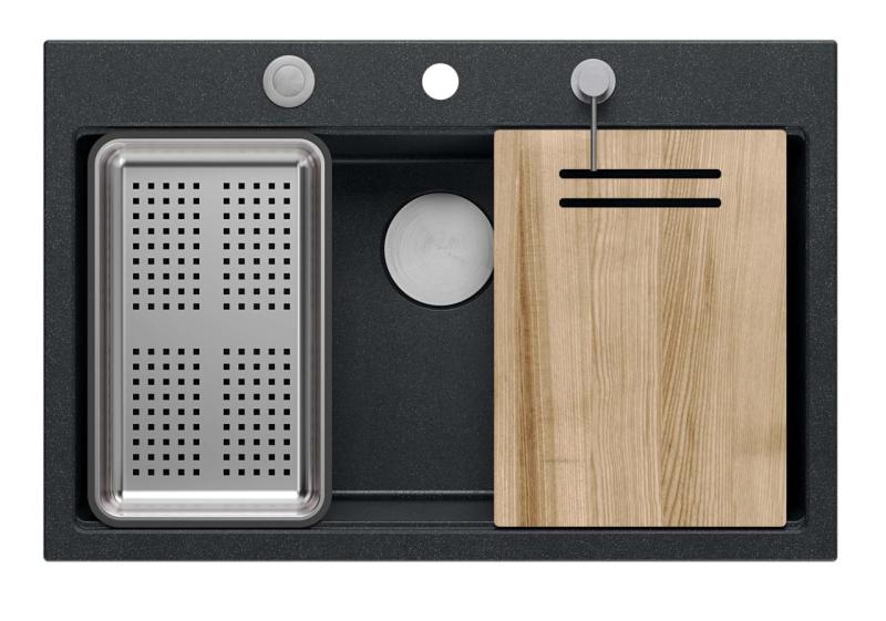 Quadri Hard Rock anthracite granite inset large sink 76x50cm including stainless steel plug and accessories 1208967442