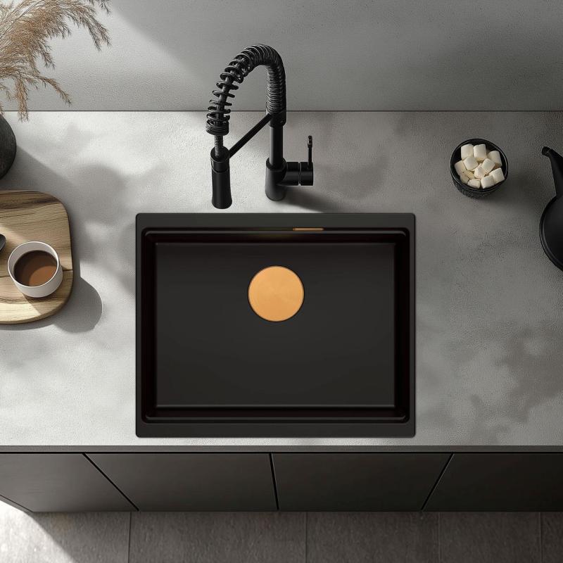 Quadri Newport II granite undermount black sink 560x450mm with copper plug and cap 1208967450