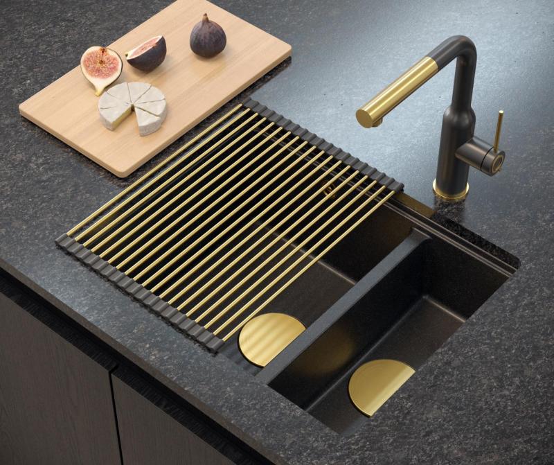 Quadri Newport II granite anthracite inset and undermount sink 1,5-bowl 555x460mm  with golden manual siphon 1208967473