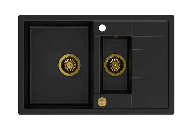 Quadri Brenton black granite inset 1.5 kitchen sink with draining board 78x50cm with golden plug 1208967554