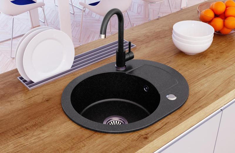 Quadri Londen Anthracite Granite Round Sink with Draining Board 585x460mm Reversible - 1208967585