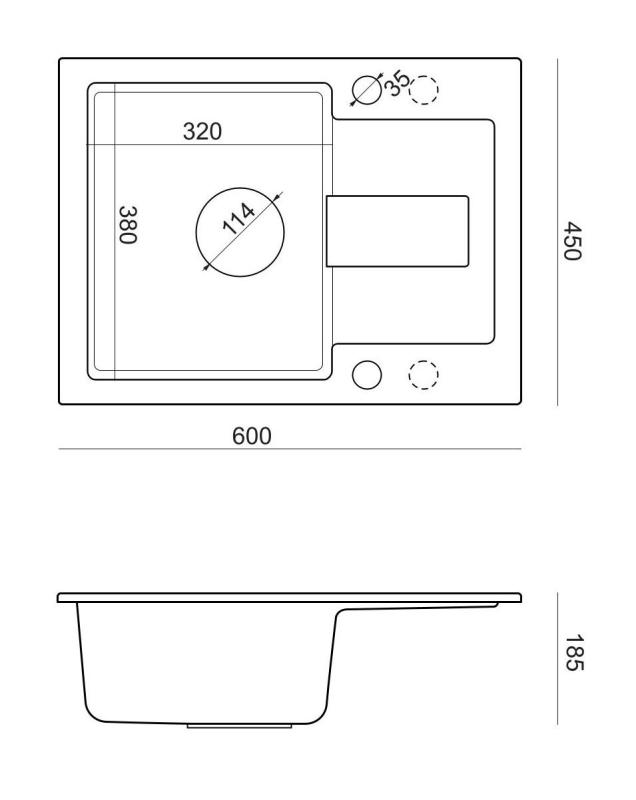 Quadri Sutton Anthracite Granite Top-Mount Sink 60x45cm with Draining Board, Reversible with Black Plug - 1208967586