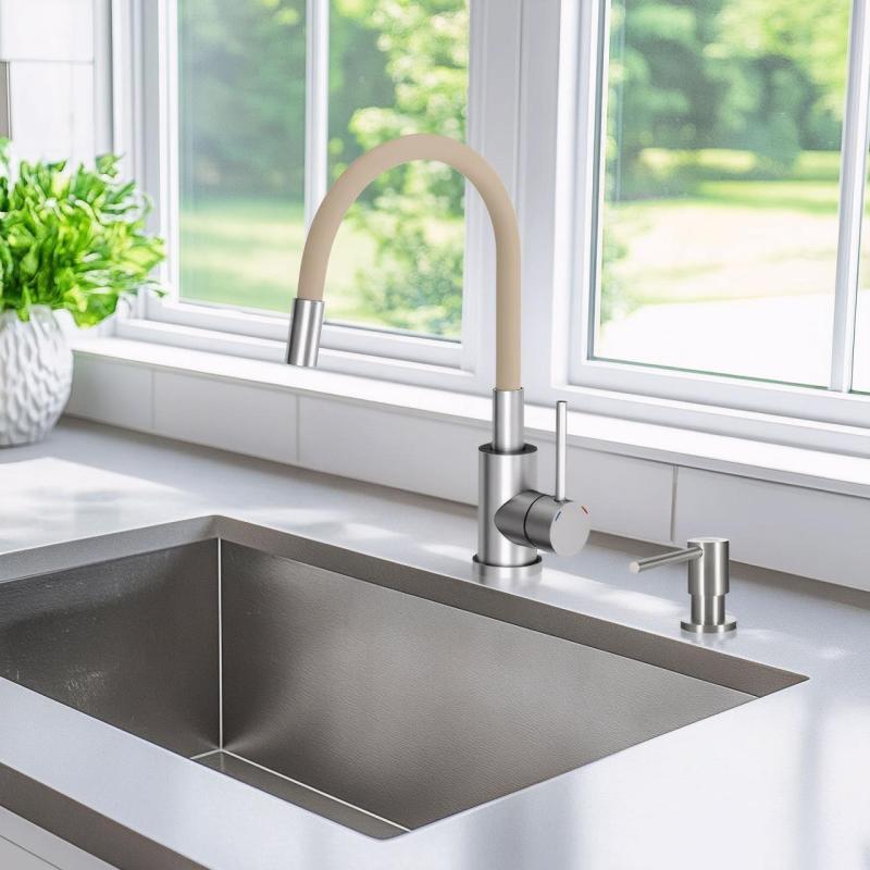 Quadri Bristol Kitchen Mixer Tap Stainless Steel with Flexible Beige Spout 1208967664