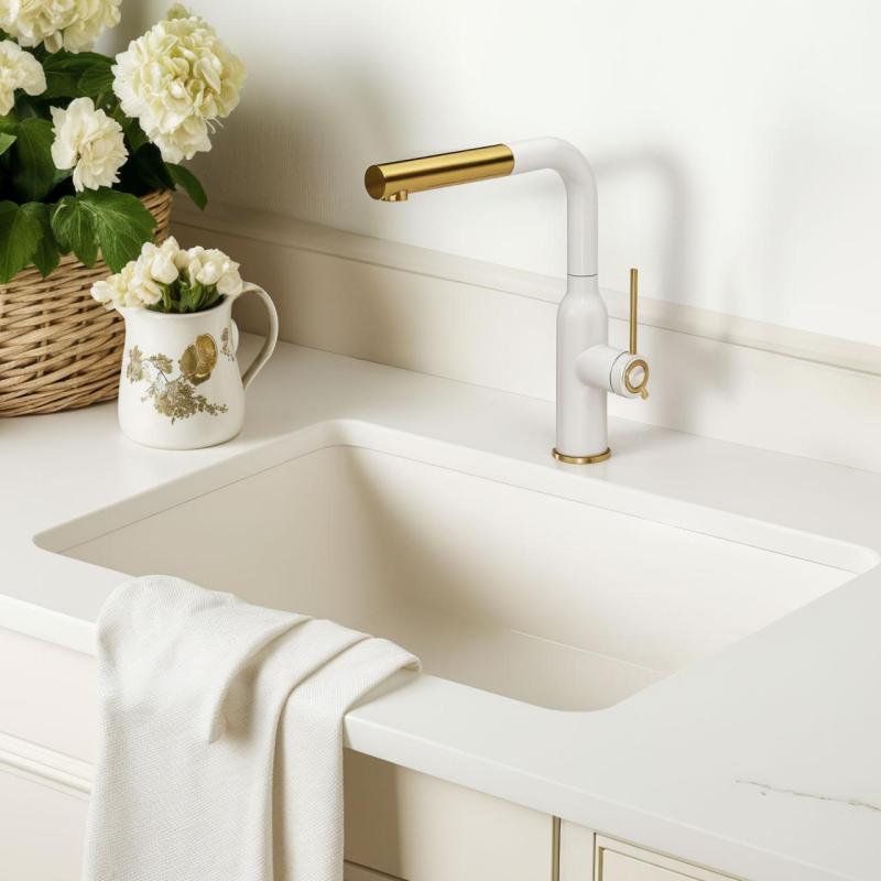 Quadri Stamford Kitchen Mixer Tap White with PVD Gold Finish and Pull-Out Spout 1208967686