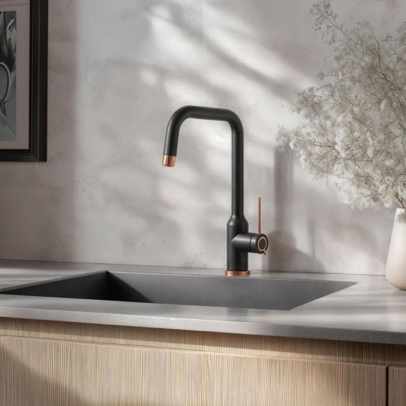 Quadri Stamford Kitchen Faucet Black with PVD Copper Finish with Swivel Angular Spout 1208967701