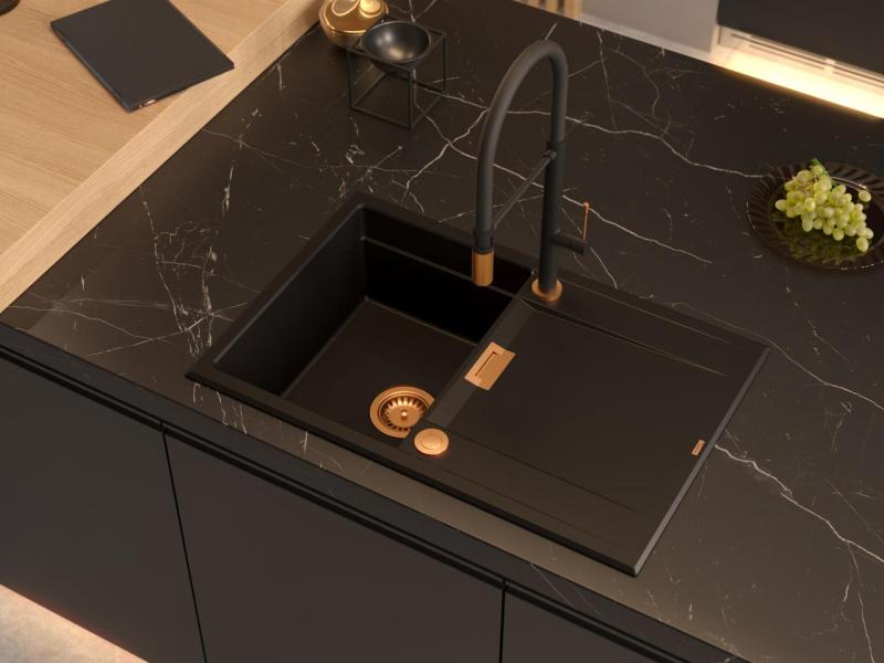 Quadri Minton Granite Top-Mount Black Sink 76x50cm with Reversible Drainer and Copper Plug 1208967740