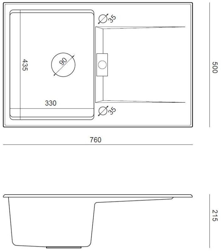 Quadri Minton Granite Top-Mount Grey Sink 76x50cm with Reversible Draining Board and Gold Plug - 1208967742