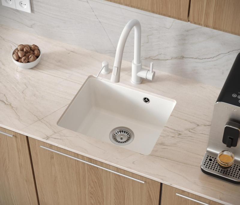 Quadri Elston White Granite Undermount Sink 420x335mm with Stainless Steel Plug 1208967776