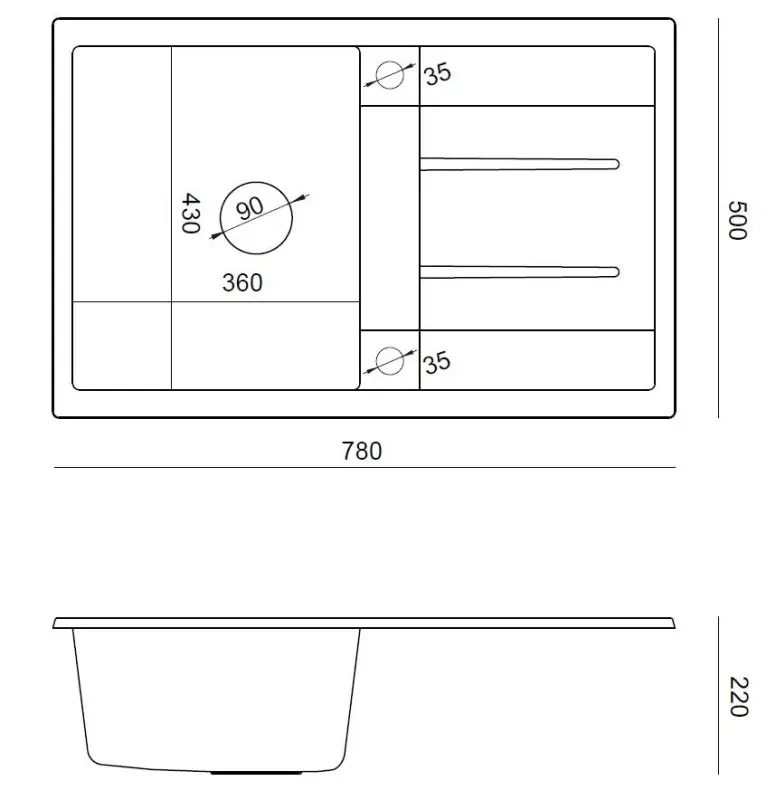Quadri Sheffield White Granite Top-Mount Sink 78x50cm with Draining Area and Stainless Steel Plug - 1208967798