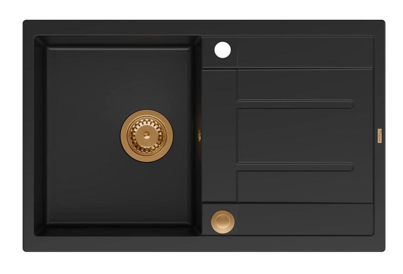 Quadri Sheffield Black Granite Top-Mounted Sink 78x50cm with Draining Area and Copper Plug - 1208967804