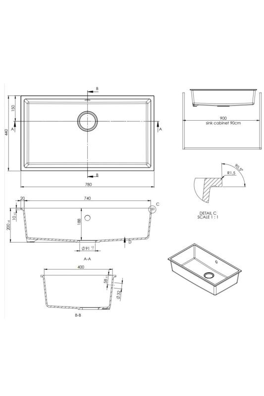GraniteMy Universal Large White Granite Sink 74x40 cm with Gun Metal Plug - 1208967895