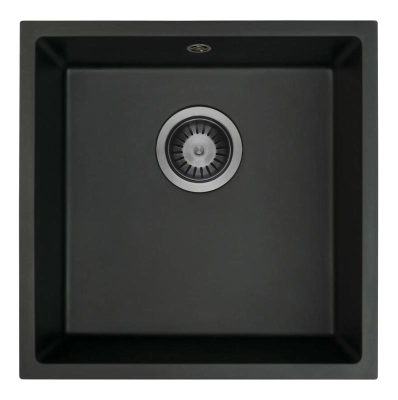 GraniteMy Universal Black Granite Sink 40x40 cm black top-mount, under-mount, and flush-mount with Gun Metal Plug 1208967906