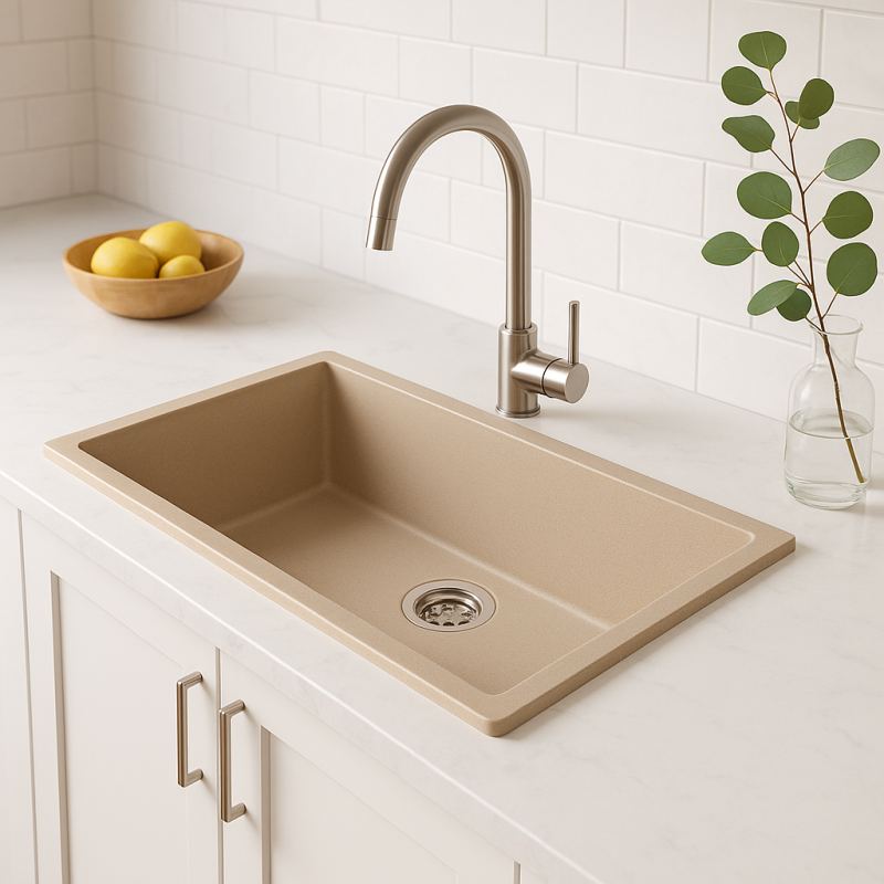 GraniteMy Universal granite beige sand sink 74x40 cm surface-mounted, under-mounted, and flush-mounted with stainless steel plug 1208968017