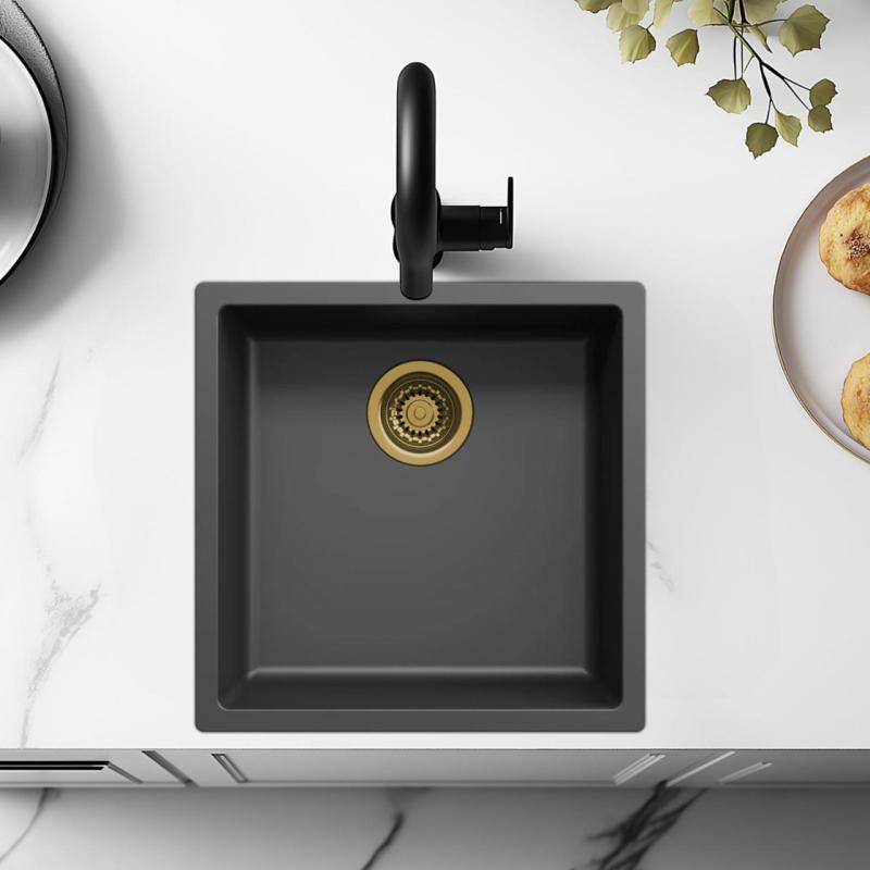 Black sink 40x40cm undermount, top mount, and flush mount with gold plug 1208968034