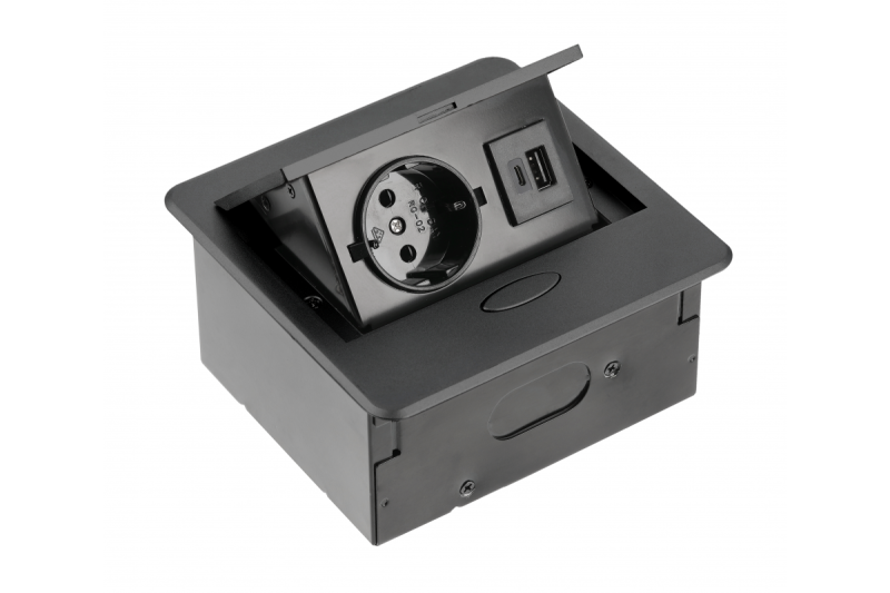 AVARO Recessed Furniture Socket, 1x Schuko Socket, USB A+C, 1.5m Cable, Black