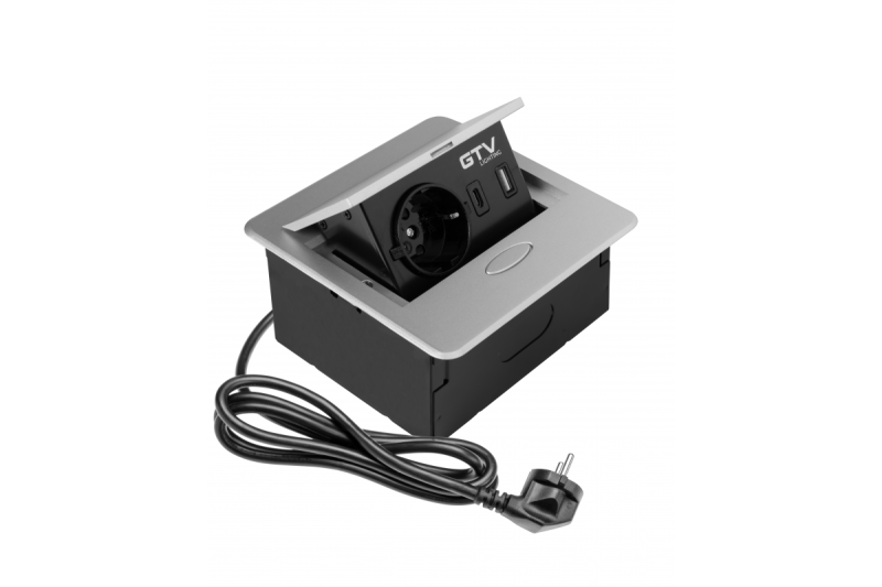 AVARO Recessed Furniture Socket, 1x Schuko Socket, USB A+C, 1.5m Cable, Silver