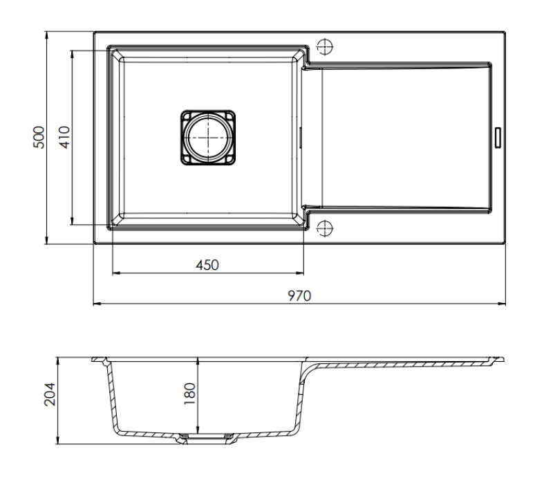 GraniteMy Zafiri Black Granite Top-Mount Sink 97x50 cm with Draining Board, Reversible, with Black Square Drain Cover 1208969997