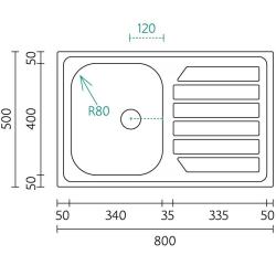Centurio Bank 80-1 Stainless Steel Built-in Sink 80x50cm with Draining Area 1208970034