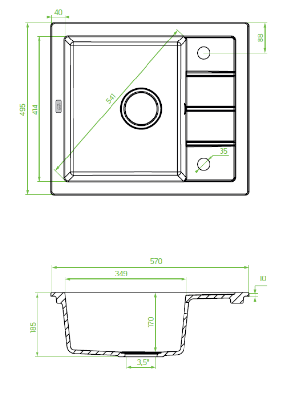 Aquadesign Somerset Granite Countertop Sink Anthracite with Small Draining Area 570 x 495 mm 1208970084
