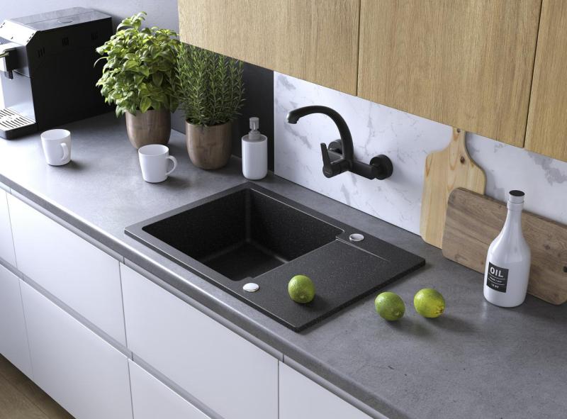 Aquadesign Kensley Set - Granite Countertop Sink Grey with Small Draining Area and Kitchen Faucet, 65 x 44 cm 1208970086