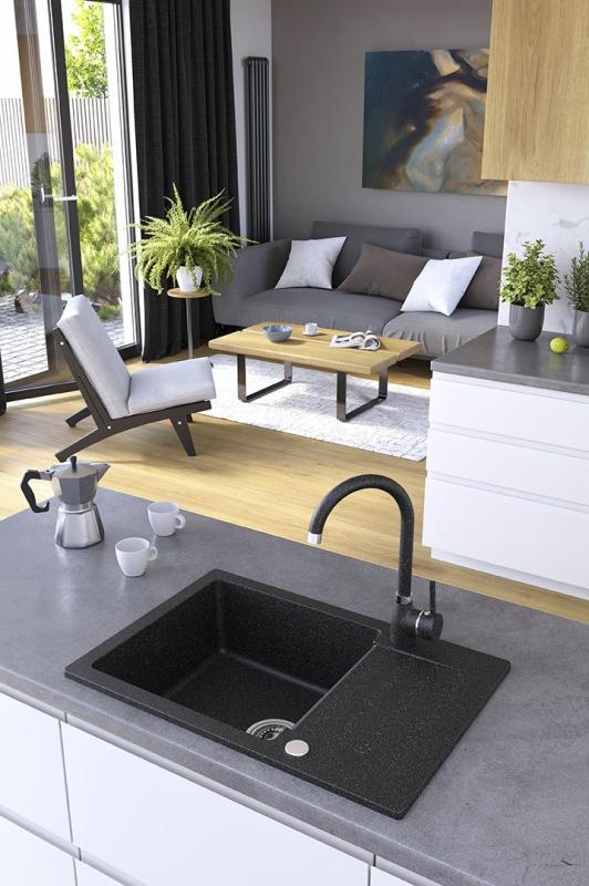 Aquadesign Kensley Set - Granite Countertop Sink Grey with Small Draining Area and Kitchen Faucet, 65 x 44 cm 1208970086