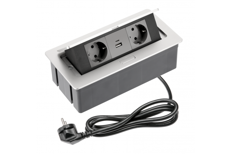 Furniture socket SOFT 2x Schuko socket, USB A+C, power cable with plug, aluminium