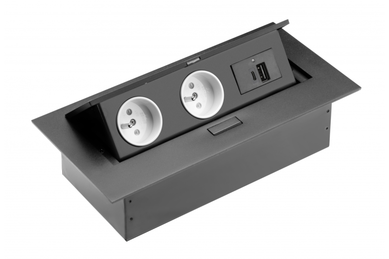 Furniture socket 2x socket with earthing, USB A+C, power cable with plug, black