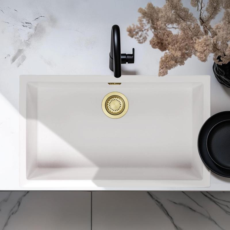White Large Sink 70x40 cm Undermount, Top-mount, and Flush-mount with Gold Drain Plug 1208970522