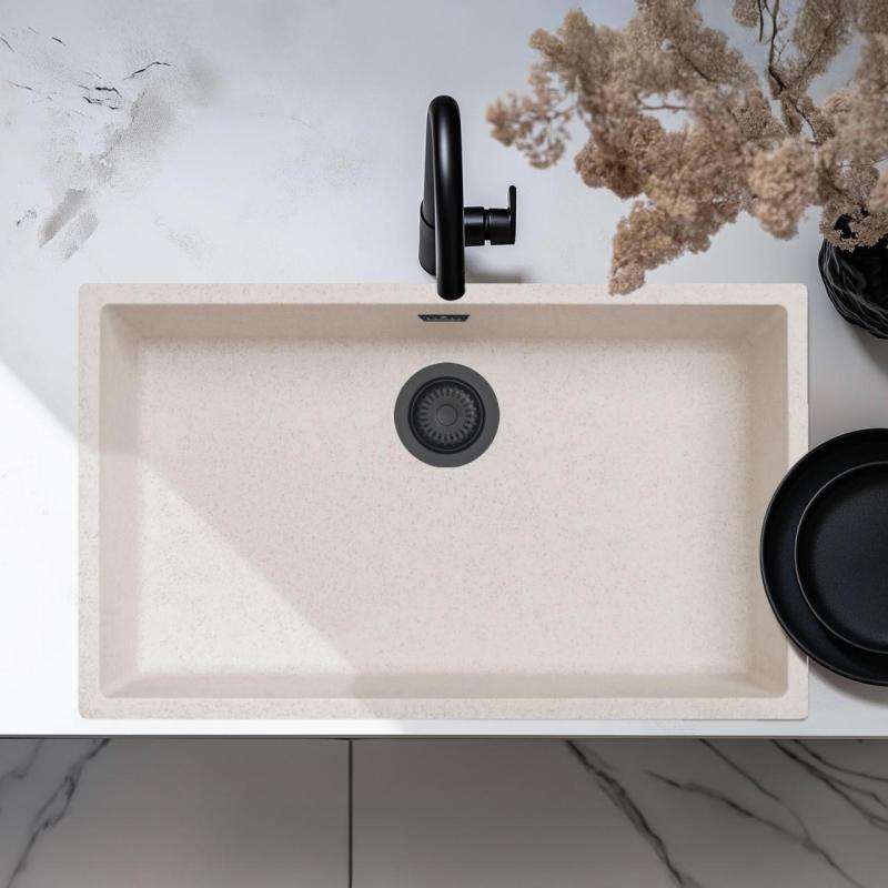 Sand White Large Sink 70x40 cm Undermount, Topmount and Flushmount with Matte Black Plug 1208970525