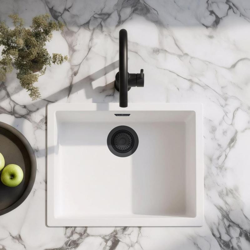 White Sink 50x40 cm Undermount, Topmount, and Flushmount with Matte Black Plug 1208970530