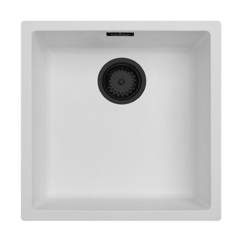 White Sink 40x40 cm Undermount, Countertop, and Flush Mount with Matte Black Plug 1208970535