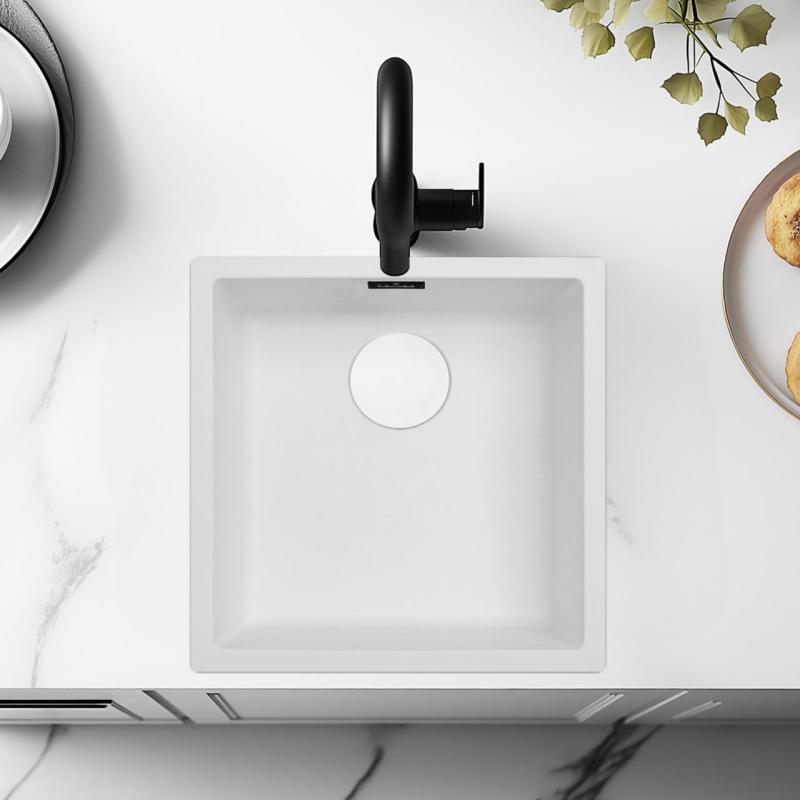 White Sink 40x40 cm Undermount, Top-mount and Flush-mount with White Plug 1208970536