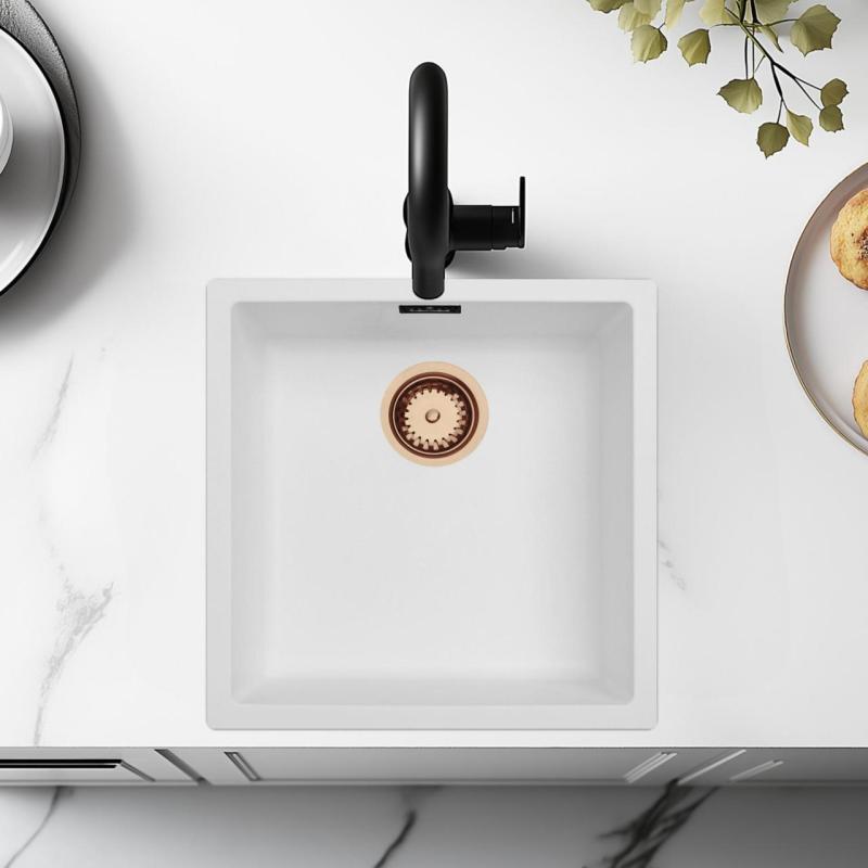White Sink 40x40 cm Undermount, Top-mount, and Flush-mount with Copper Plug 1208970538