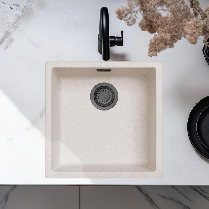 Sand White Cream Sink 40x40 cm Undermount, Topmount and Flushmount with Gun Metal Plug 1208970539